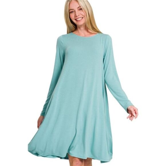Zenana Long Sleeve Flare Dress With Pockets - Picture 1 of 3